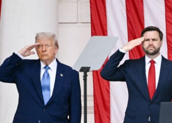 President Donald Trump and Vice President J.D. Vance salute at the National Memorial Day Observance at the Memorial Amphitheatre in Arlington National Cemetery in Arlington, Virginia, on May 26, 2025.