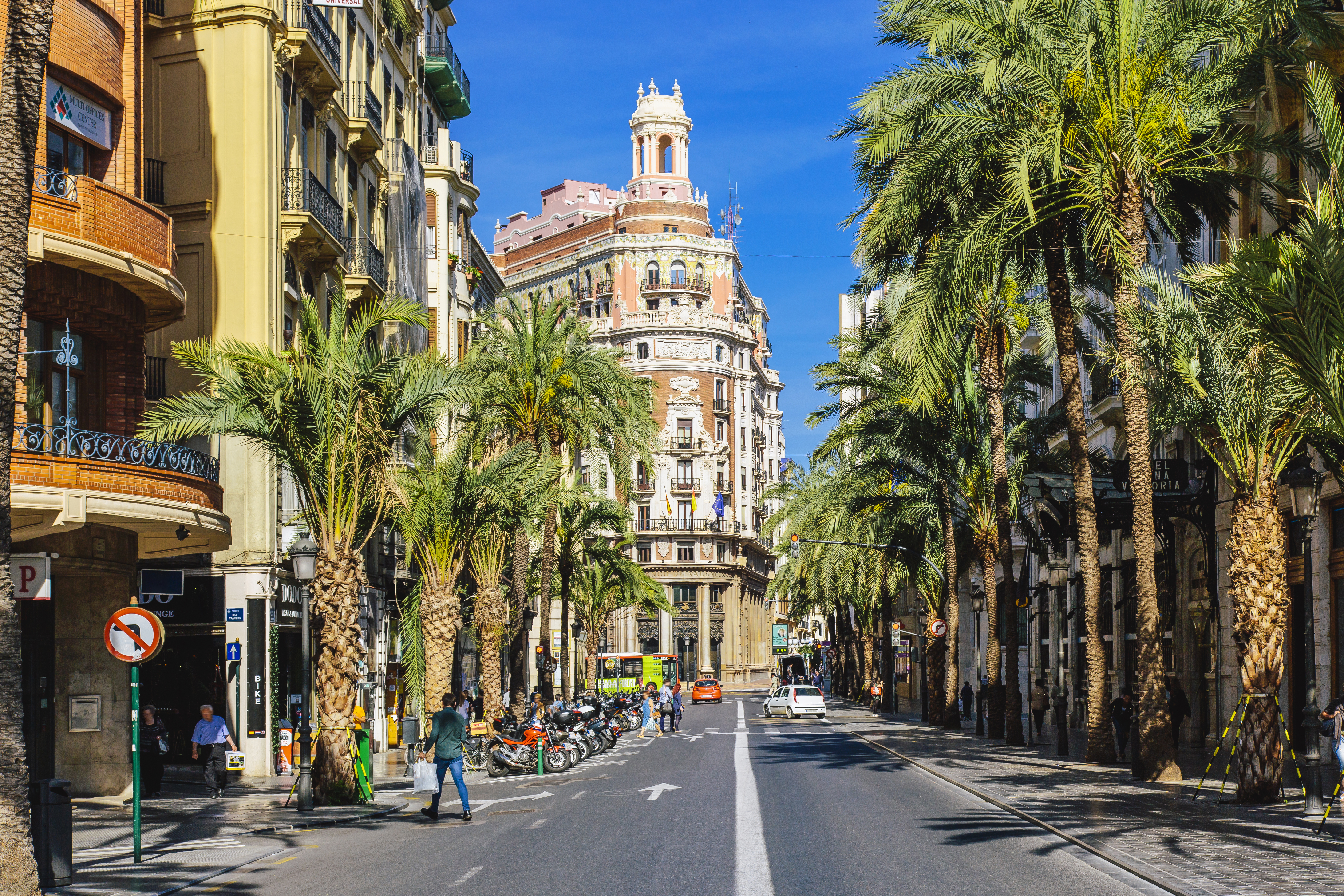 ¿arrer de les Barques street with palm trees on a sunny day in Valencia, Spain