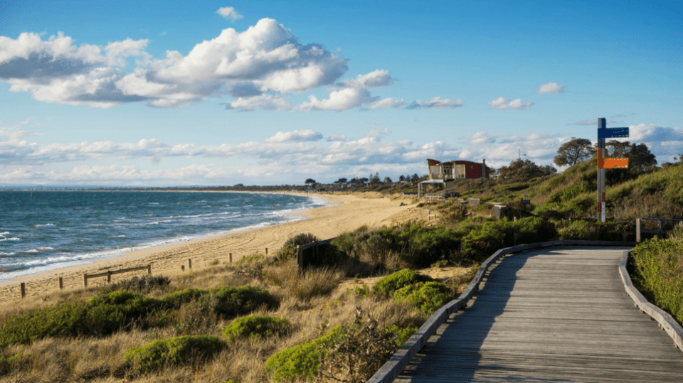 A wooden boardwalk curving along a sandy beach with the ocean to the left and green dunes to the right.
