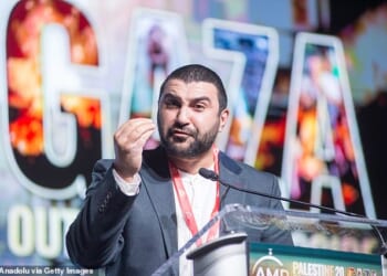 British Muslim journalist and political commentator Sami Hamdi, 35, was detained in San Francisco Sunday for for supporting terrorism, according to a Department of Homeland Security spokeswoman. The International Interest editor-in-chief is seen  giving speech at a pro-Palestine event in Illinois last year