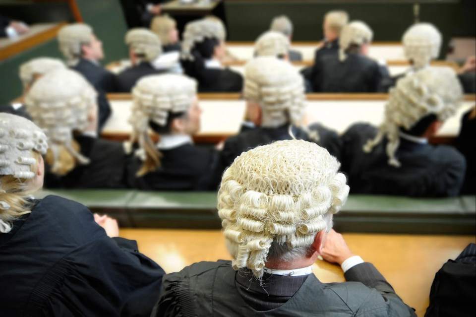 Barristers wearing wigs in a courtroom.