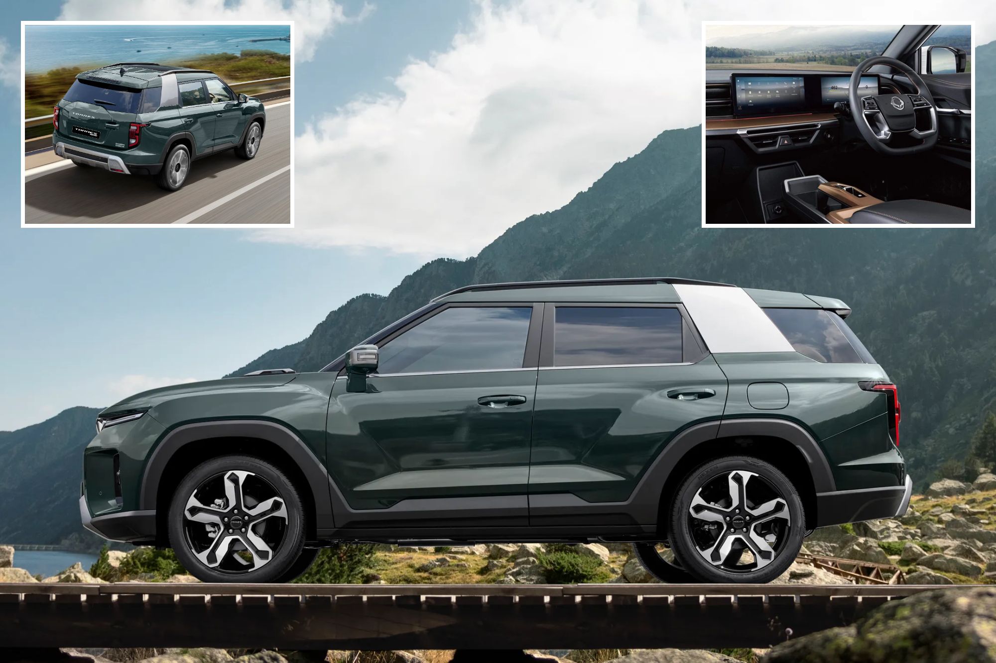 An image collage containing 3 images, Image 1 shows KGM Torres Hybrid in a mountainous landscape, Image 2 shows KGM Torres Hybrid driving along a coastal road, Image 3 shows Interior of the KGM Torres Hybrid SUV with a touchscreen display and a view of mountains