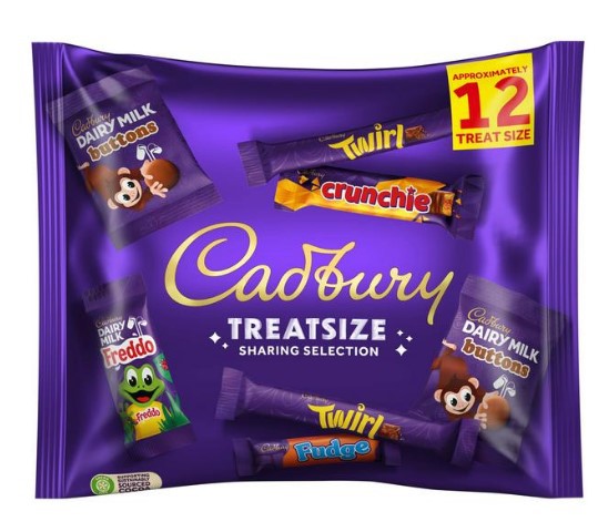 Cadbury Family Treatsize Chocolate Variety Bag with 12 mini chocolate bars.