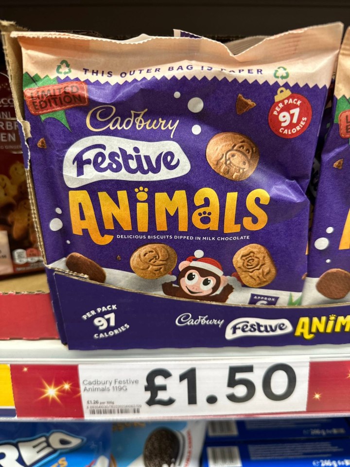 Cadbury Festive Animals 119g, 97 calories per pack, for £1.50.