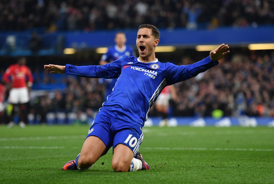 Eden Hazard of Chelsea celebrates scoring his team's third goal.
