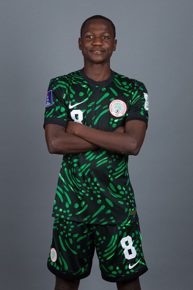 Abduljelil Kamaldeen posing in his official Nigerian national team football kit.