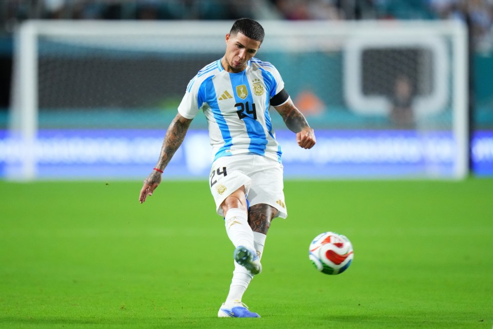 MIAMI GARDENS, FLORIDA - OCTOBER 10: Enzo Fernandez of Argentina shoots during the International Friendly between Argentina and Venezuela at Hard Rock Stadium on October 10, 2025 in Miami Gardens, Florida. (Photo by Rich Storry/Getty Images)