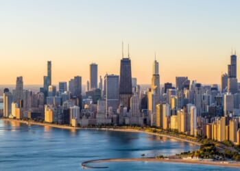 This photo shows an aerial view of Chicago.