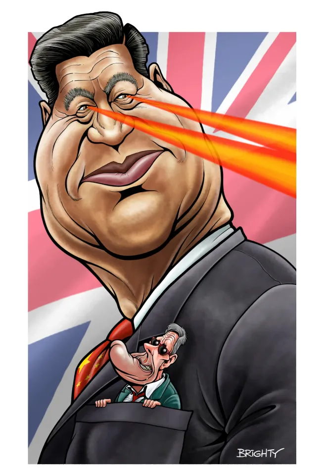 Illustration of a large caricature of Xi Jinping with laser eyes, against a British flag, with a smaller caricature of Rishi Sunak in his jacket pocket.