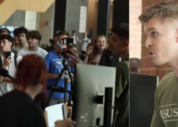 Joshua Haymes, right, took a sign saying "Christ Is King" with three points on it to begin a college debate tour in an effort to bring Christ back to students on campus.