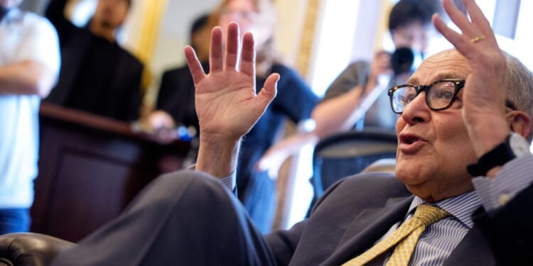 Sen. Chuck Schumer speaks during a "pen and pad" meeting with reporters at the U.S. Capitol Building on Capitol Hill in Washington, D.C., on Wednesday.