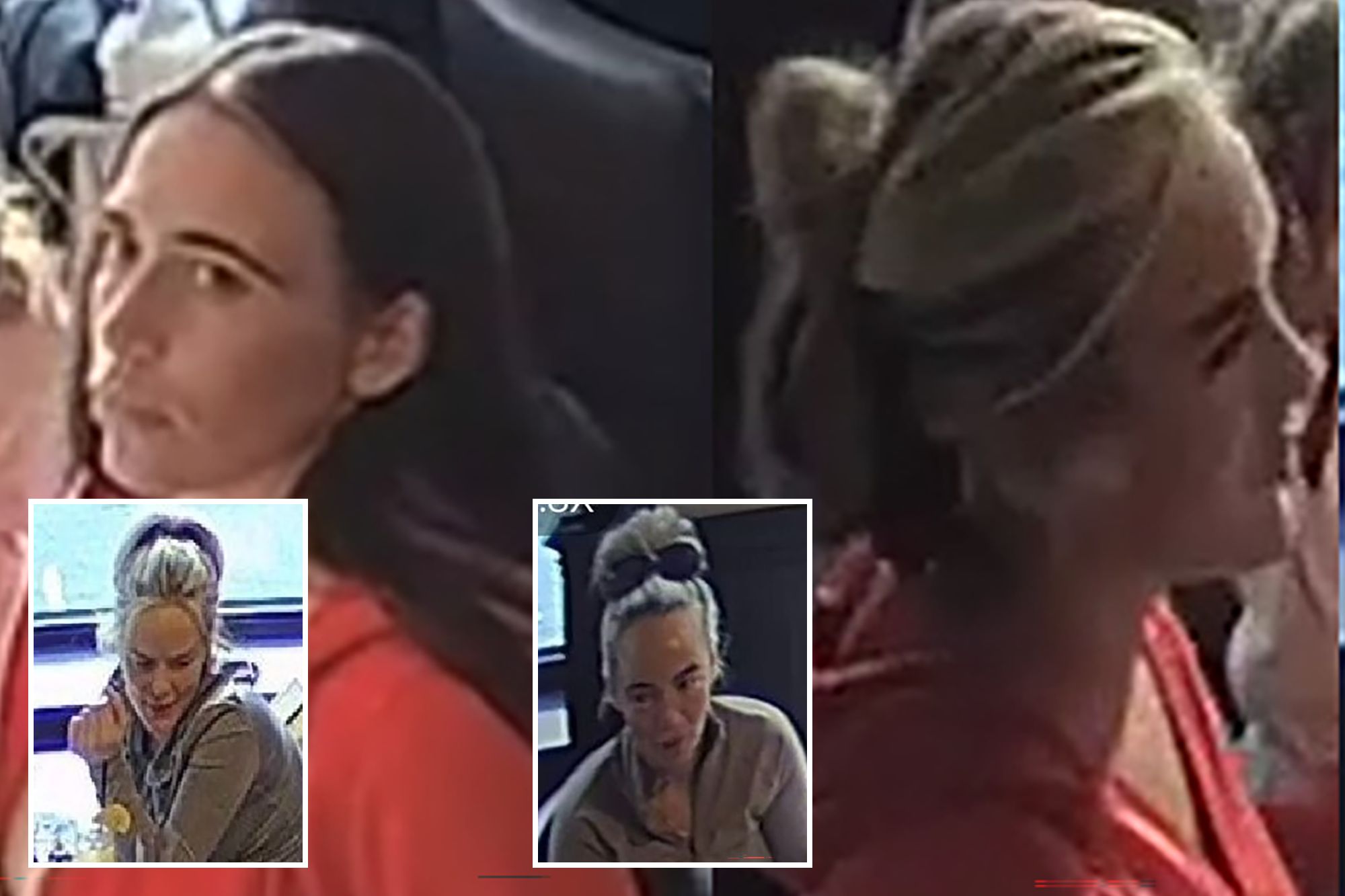 An image collage containing 3 images, Image 1 shows Two women, one with long dark hair and the other with blonde hair tied up, both wearing red tops, Image 2 shows CCTV image of a woman with her hair in a bun, Image 3 shows CCTV image of a woman with her hair in a bun