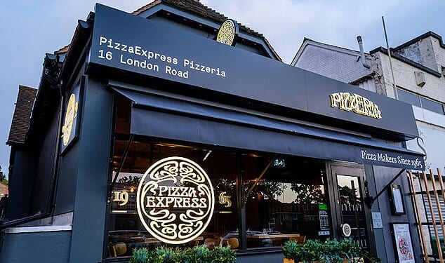 Eating out at the UK's most popular restaurants has soared over recent years with some dishes, including those at Pizza Express, pictured, almost doubling in price since the pandemic