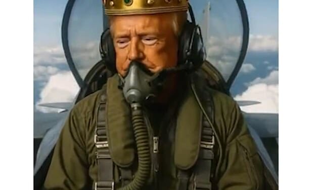 Air farce one: Crown-wearing Trump at controls of fighter jet in his AI-generated video