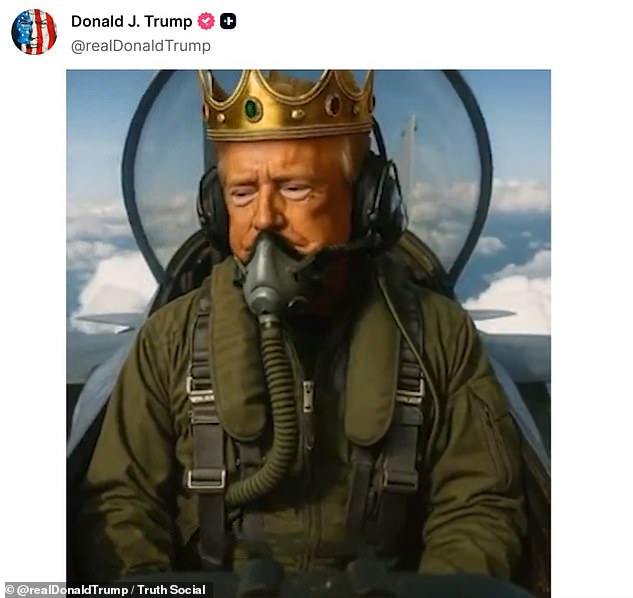 Air farce one: Crown-wearing Trump at controls of fighter jet in his AI-generated video