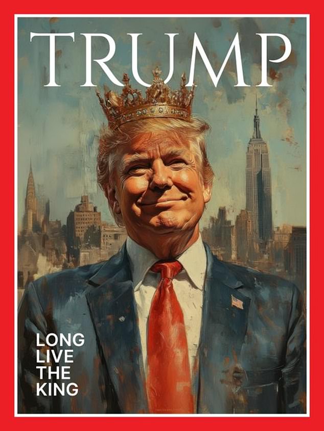 In February, the White House posted a mocked-up Time magazine cover on social media. Headlined 'Long Live The King', it showed a grinning Trump standing in front of the New York skyline wearing a crown