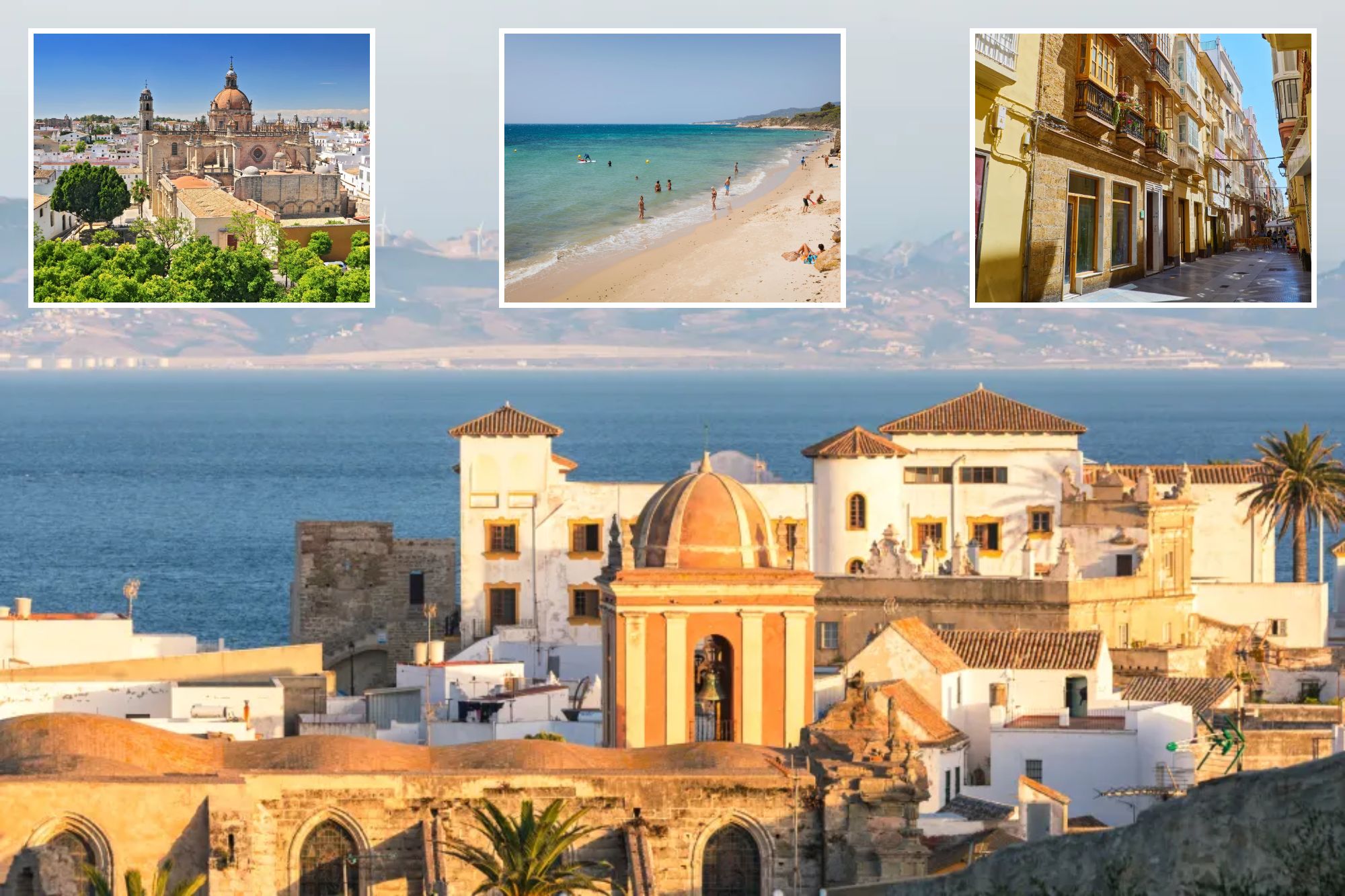 An image collage containing 4 images, Image 1 shows High-angle view of the old town of Tarifa with the Straits of Gibraltar and Moroccan coast in the distance, at sunset, Image 2 shows The Cathedral in Jerez de la Frontera, Cadiz Province, Andalucia, Spain, Image 3 shows Sandy beach in Tarifa, Costa de la Luz, with people swimming and relaxing, Image 4 shows A narrow street in Cadiz, Spain, lined with multi-story buildings featuring ornate balconies and bay windows