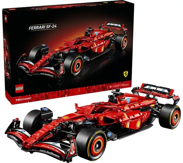 Lego Technic Ferrari SF-24 car model and its box.