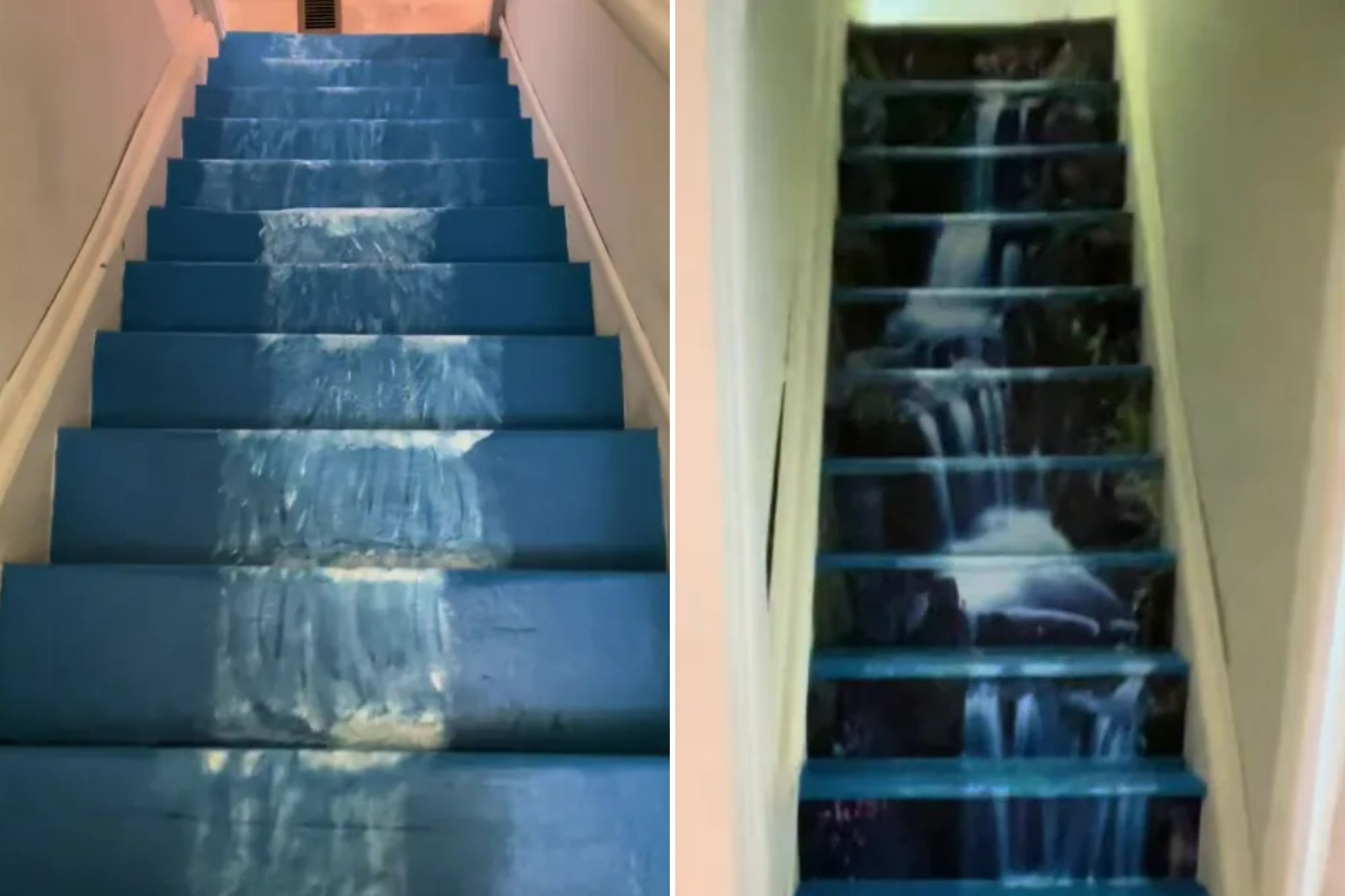 An image collage containing 2 images, Image 1 shows A staircase painted to look like a waterfall, Image 2 shows A staircase with blue carpet that depicts a waterfall, with "What do you think??" written in red text at the bottom