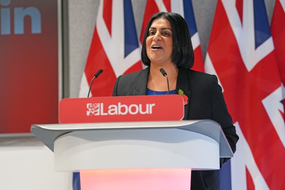 Home Secretary Shabana Mahmood speaking at a podium with "Labour" written on it.