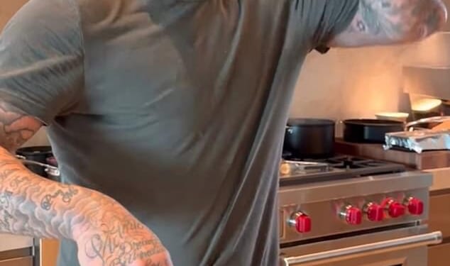 David Beckham poked fun at wife Victoria's lack of cooking skills as he swigged shots while single-handedly preparing the family's Sunday lunch this week