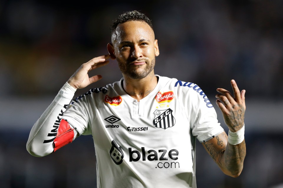 Neymar of Santos celebrates after scoring his team's first goal.