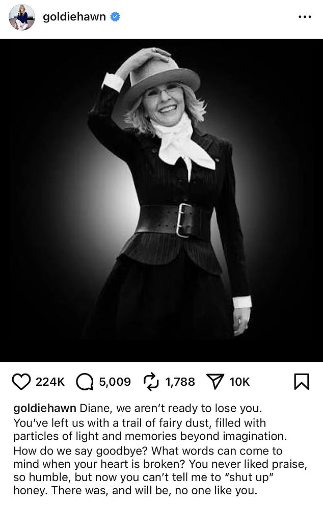 While Goldie shared a throwback photo of Keaton smiling in her statement outfit. 'Diane, we aren't ready to lose you,' she wrote in a heartbreaking message alongside the portrait