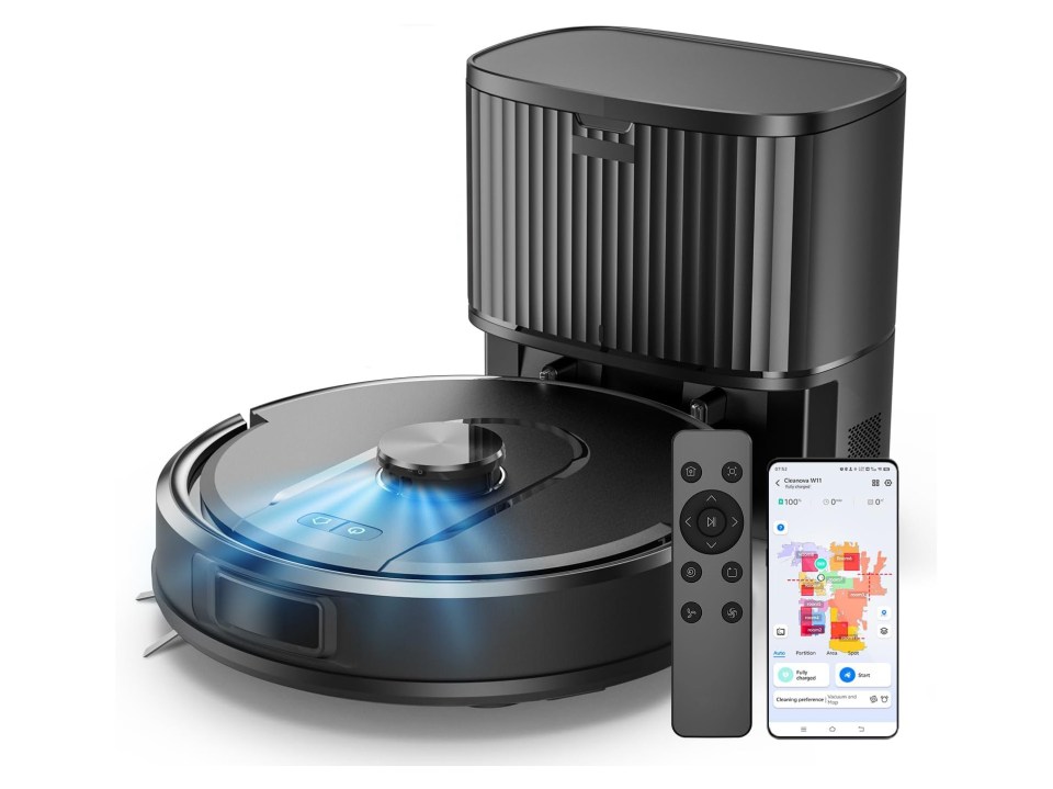 Self-emptying robot vacuum with remote and app interface.