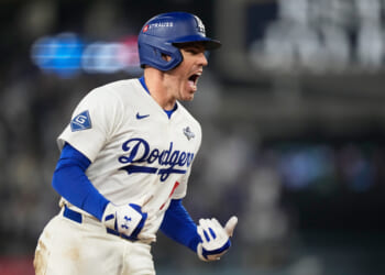 Los Angeles Dodgers' Freddie Freeman celebrates his walk off home run against the Toronto Blue Jays during the 18th inning in Game 3 of baseball's World Series in Los Angeles on Monday.