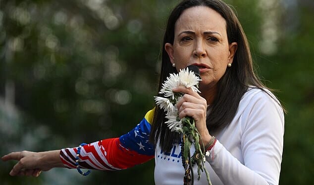 Venezuelan opposition leader Maria Corina Machado addresses supporters during a protest called by the opposition on the eve of the presidential inauguration in Caracas on January 9, 2025