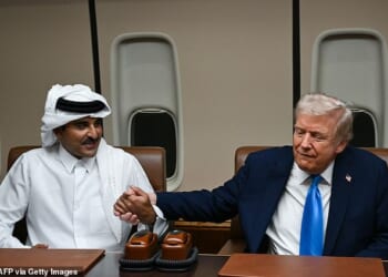 On Saturday, during a brief refueling stop in Doha, President Donald Trump met with Qatar’s Emir Sheikh Tamim bin Hamad Al Thani aboard Air Force One (pictured)