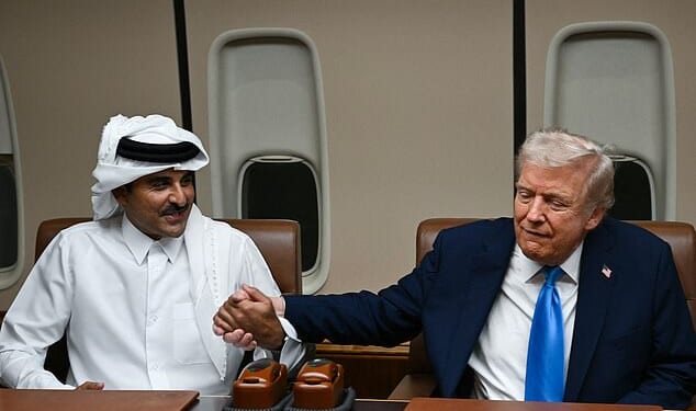On Saturday, during a brief refueling stop in Doha, President Donald Trump met with Qatar’s Emir Sheikh Tamim bin Hamad Al Thani aboard Air Force One (pictured)