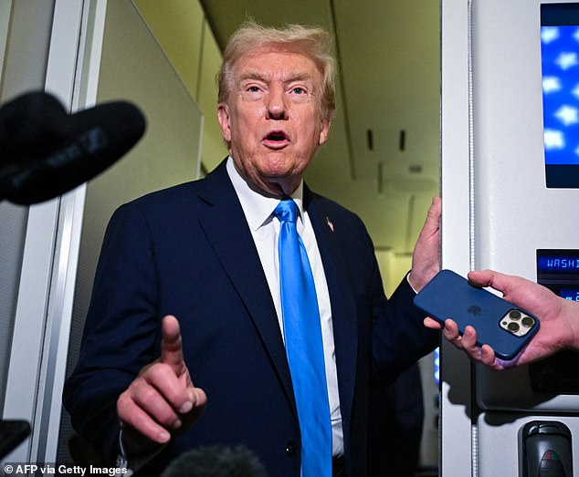During the meeting (pictured talking to reporters), Trump warned that Hamas 'will have a very big problem' if it fails to uphold the deal forged with Israel earlier this month