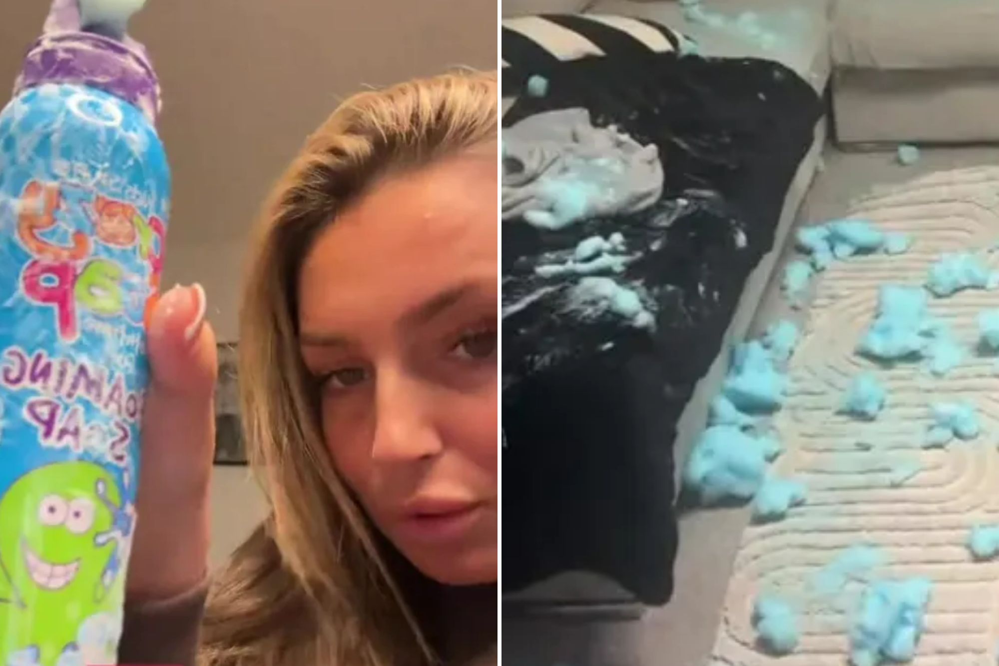 An image collage containing 2 images, Image 1 shows A woman holding a bottle of foaming soap with the text "DO NOT BUY THIS" overlayed, Image 2 shows A lounge with blue foam strewn across a light-colored sofa and rug
