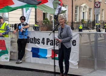 Irish president-elect Catherine Connolly (pictured at a demonstration in September) believes that the terror group Hamas 'is part of the fabric of the Palestinian people'