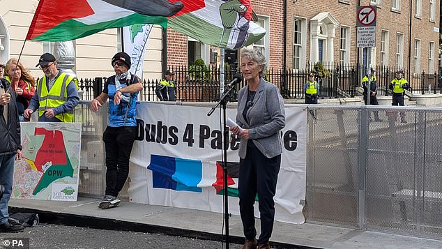 Irish president-elect Catherine Connolly (pictured at a demonstration in September) believes that the terror group Hamas 'is part of the fabric of the Palestinian people'