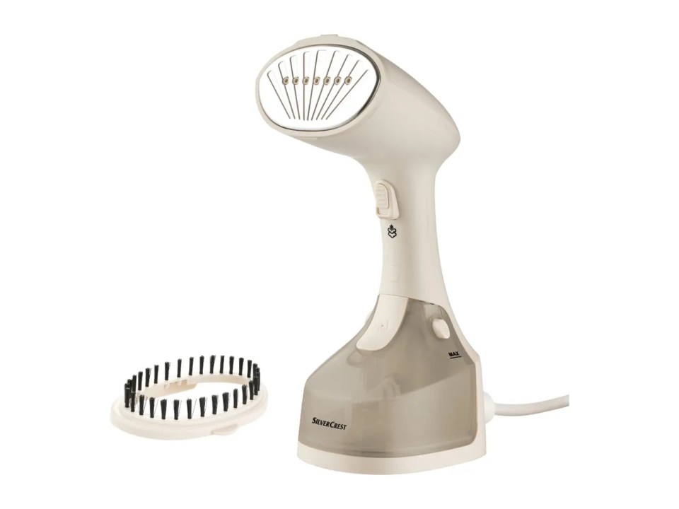 Silvercrest beige garment steamer with a brush attachment.