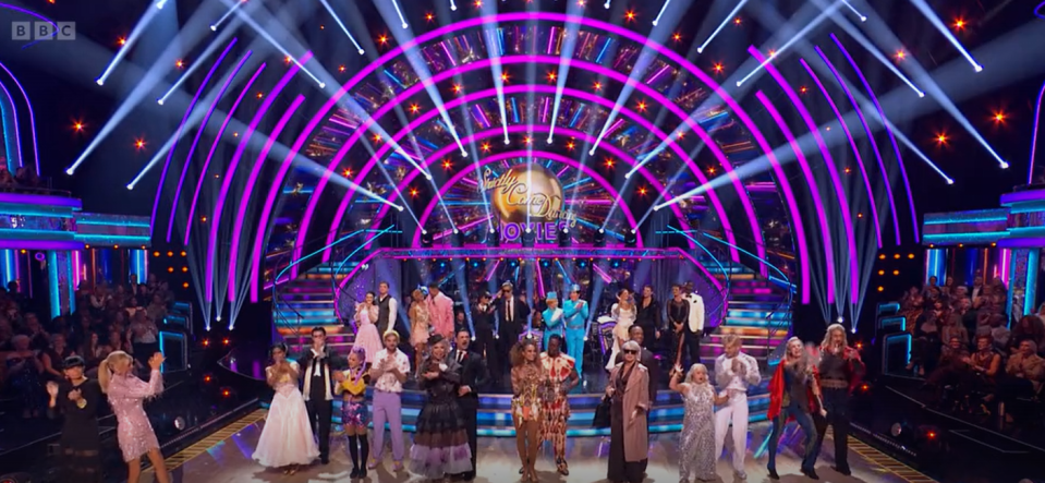 Contestants and professional dancers gathered on the stage for "Strictly Come Dancing: Movies" night.
