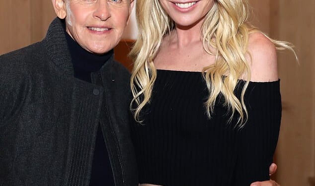Ellen DeGeneres has opened the doors to her very modern and massive mansion in England after fleeing the US last year - seen with wife Portia de Rossi in in 2022