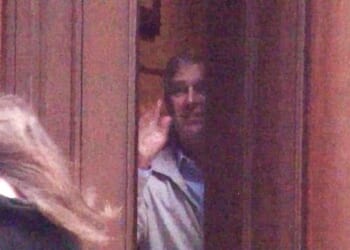 Prince Andrew waves to Katherine Keating, the daughter of former Australian PM Paul Keating, at Epstein's New York mansion in December 2010