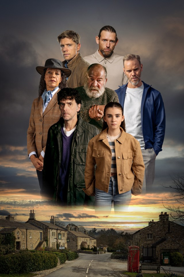 Collage of seven actors in dark clothing standing under a dark, cloudy sky, with a sunlit village road and stone buildings below.