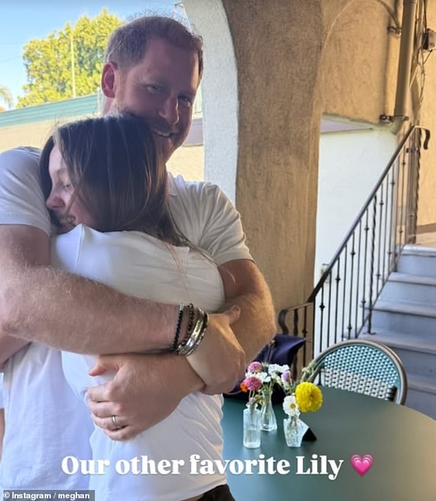 A later update showed Harry, 41, giving Lily a big hug and smiling to the camera, with the caption, 'Our other favorite Lily', referencing their own daughter Lillibet, four