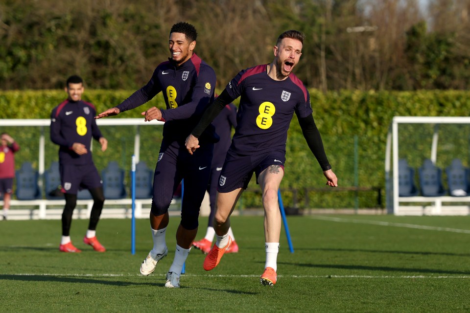 Jude Bellingham and Jordan Henderson of England training at Tottenham Hotspur Training Centre.