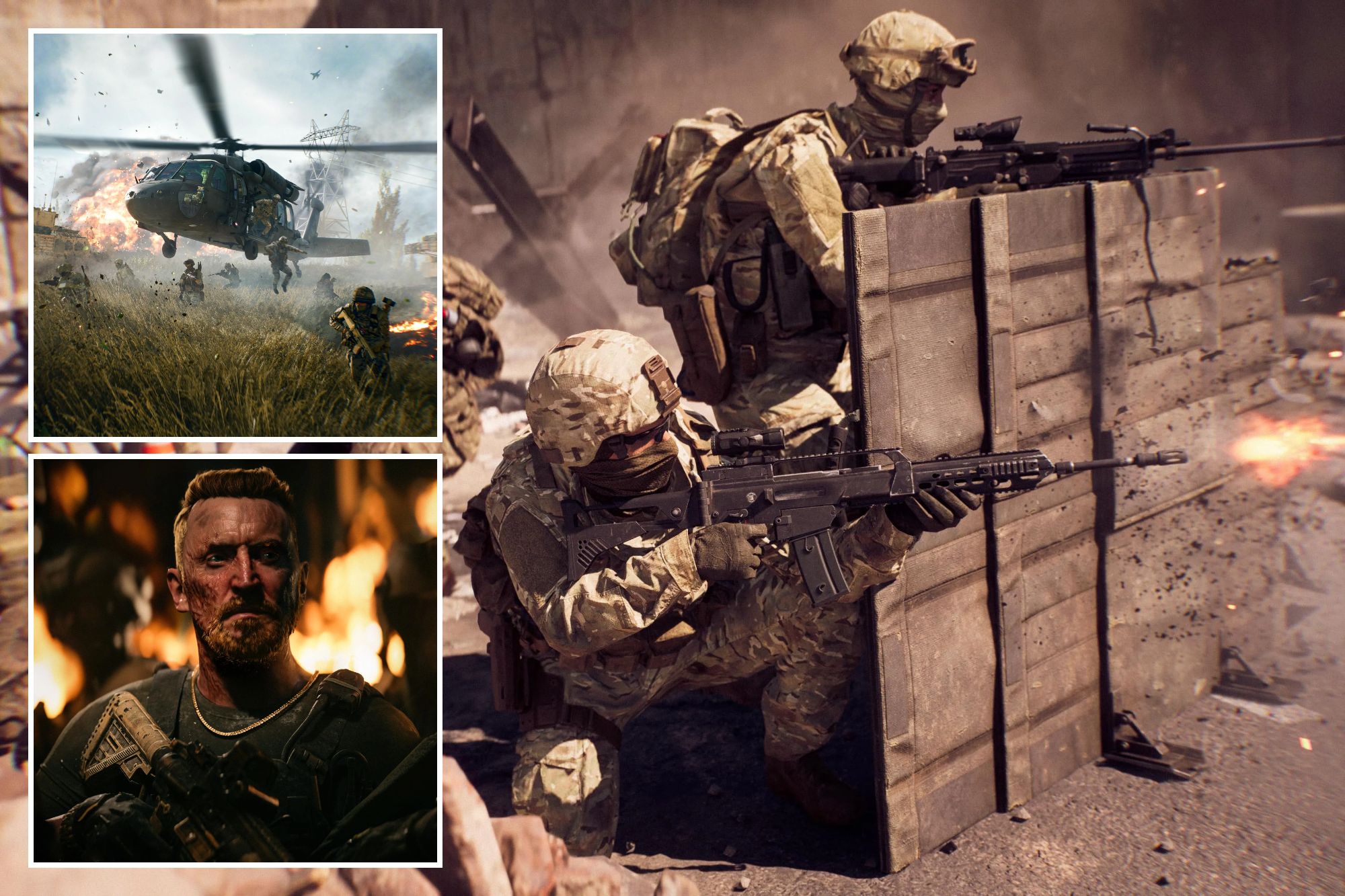 An image collage containing 3 images, Image 1 shows Screenshot from the first-person shooter game Battlefield 6 depicting soldiers in camouflage gear in a battle scene, with one soldier firing a weapon, Image 2 shows Battlefield 6 game still with soldiers disembarking a helicopter, tanks, and explosions, Image 3 shows Illustration of a soldier with a rifle and visible facial scars, standing in front of burning fires