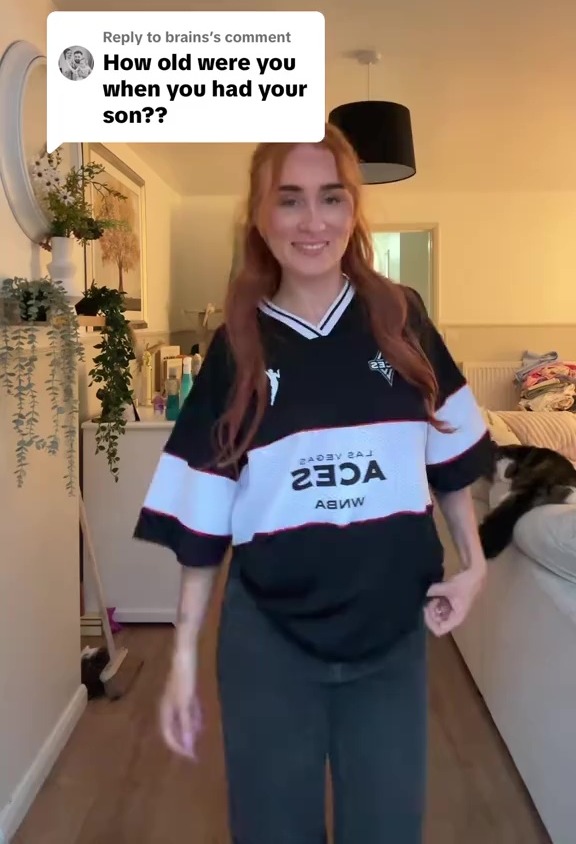 A woman in a black and white shirt smiles, with text asking "How old were you when you had your son??"