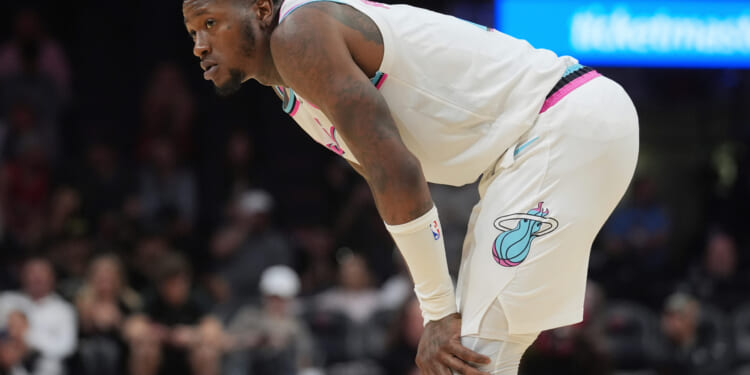Miami Heat guard Terry Rozier looks up court during the last seconds of the second half of an NBA basketball game against the Chicago Bulls on Saturday, March 8, 2025, in Miami, Florida.