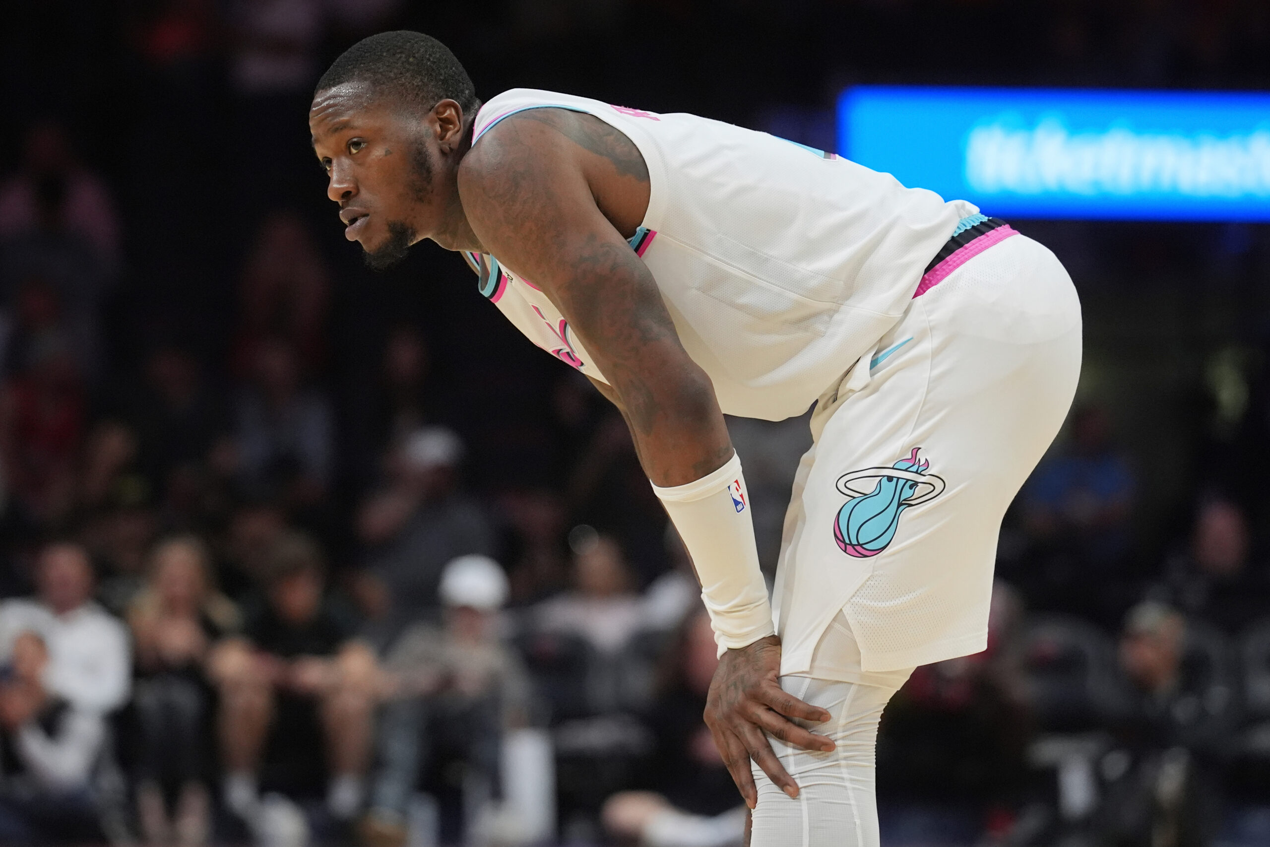Miami Heat guard Terry Rozier looks up court during the last seconds of the second half of an NBA basketball game against the Chicago Bulls on Saturday, March 8, 2025, in Miami, Florida.