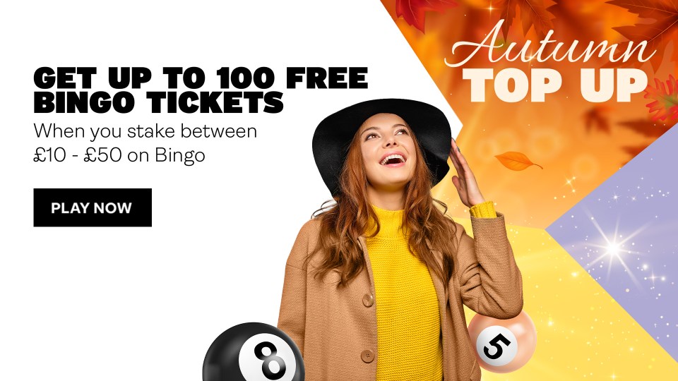Advert for an autumn bingo promotion offering up to 100 free tickets for staking between £10-£50 on Bingo.
