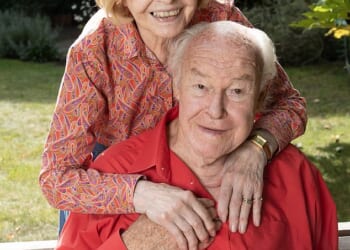 Prunella Scales has died aged 93. Above: With her loving husband Timothy West at their home in London. Timothy died in 2024