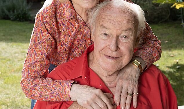 Prunella Scales has died aged 93. Above: With her loving husband Timothy West at their home in London. Timothy died in 2024